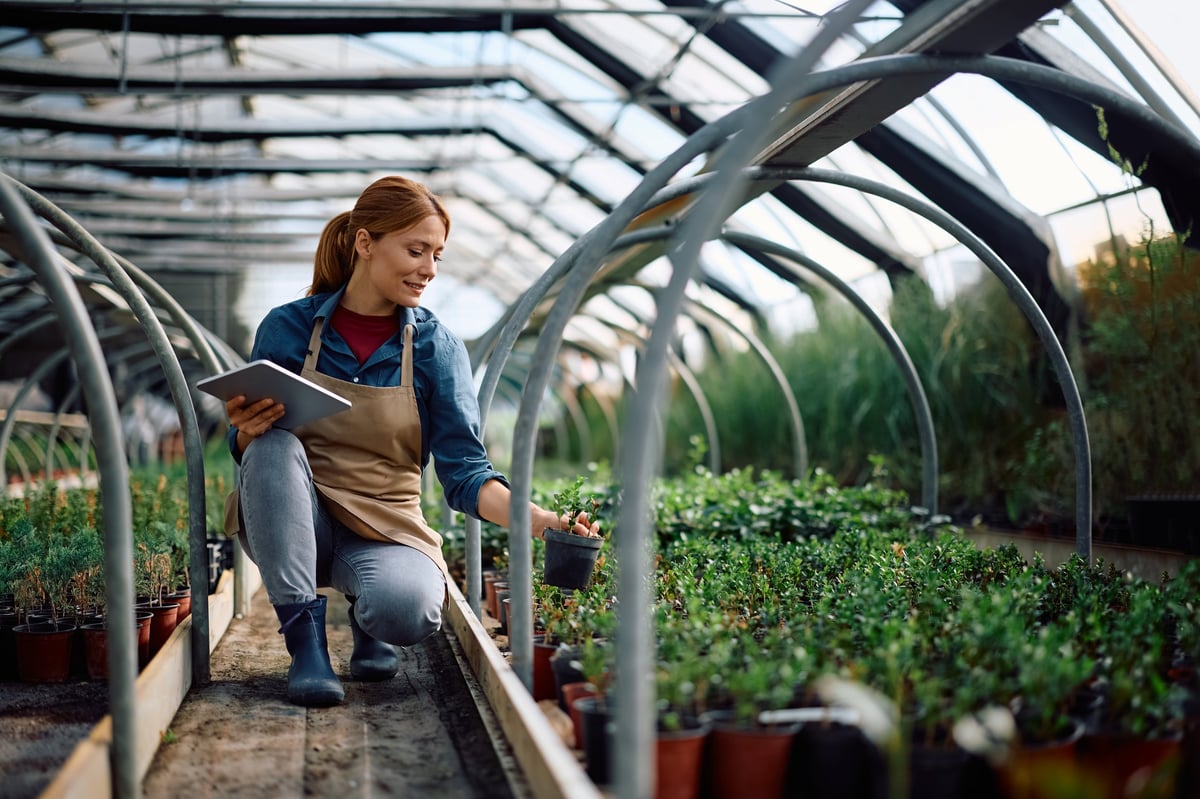 Happy female botanist using touchpad while working at plant nursery. Copy space.