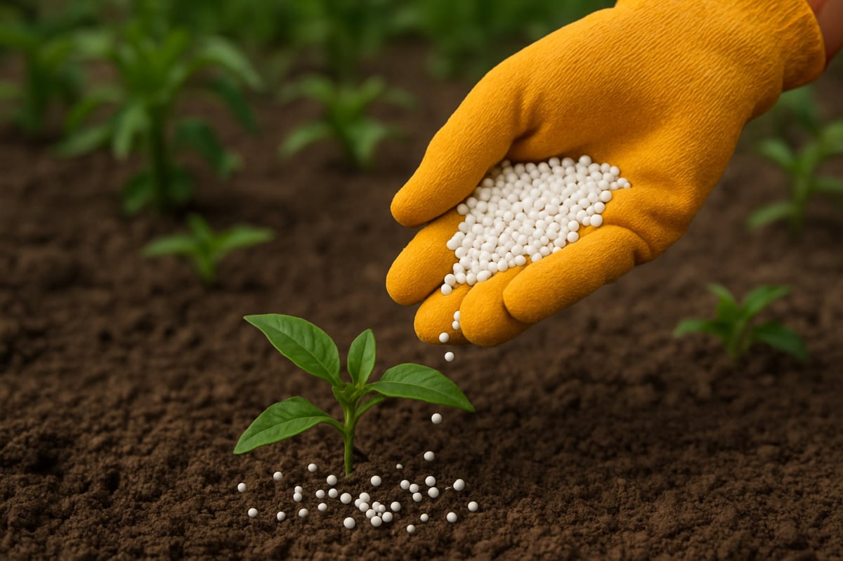 Application of Granulated Urea (Carbamide) Fertilizer into Soil for Plant Nutrition.