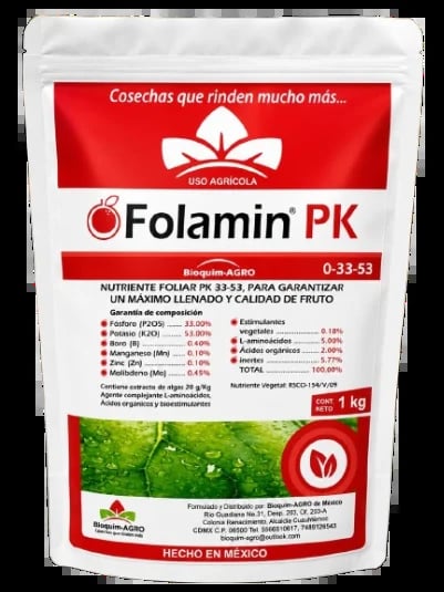 Folamin PK 1kg fertilizer bag with red label showing nutrient formula 0-33-53 for agricultural use