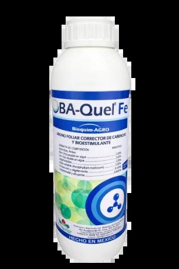 BA-Quel Fe agricultural product bottle with white cap and blue label bands