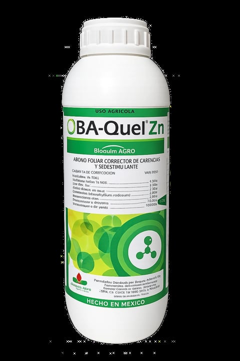 White plastic bottle of OBA-Quel Zn agricultural fertilizer with green label and white screw cap