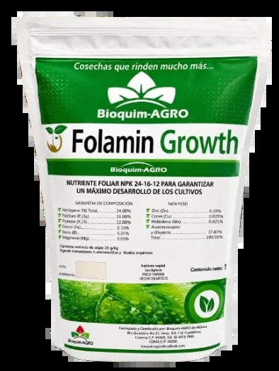 Bag of Folamin Growth fertilizer by Bioquim-AGRO, a green nutrient formula for plant growth with NPK 24-16-12 composition