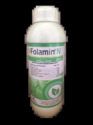 Folamin N agricultural liquid product bottle with white cap and green label