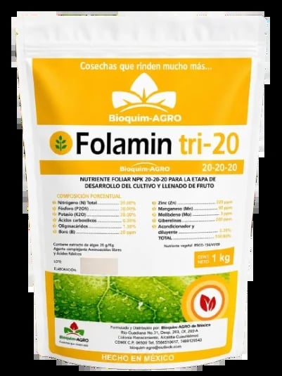 Folamin tri-20 fertilizer package from Bioquim-AGRO, 1 kg bag with 20-20-20 nutrient formula