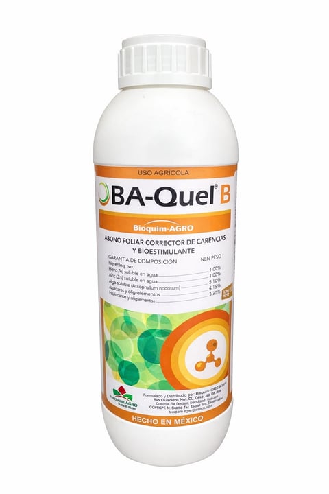 Bottle of BA-Quel B agricultural fertilizer with orange label and white cap, manufactured in Mexico