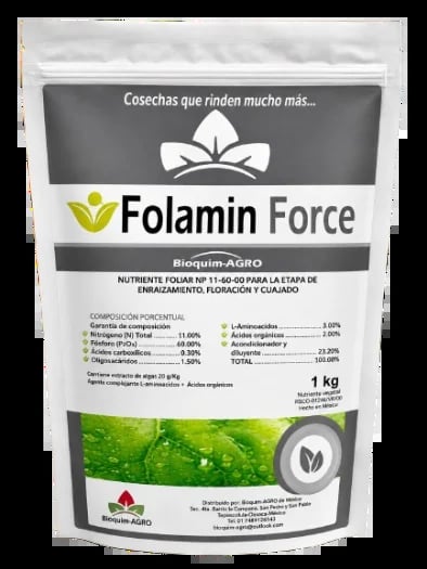 Folamin Force 1kg fertilizer package for crop flowering and strengthening by Biosquim-AGRO