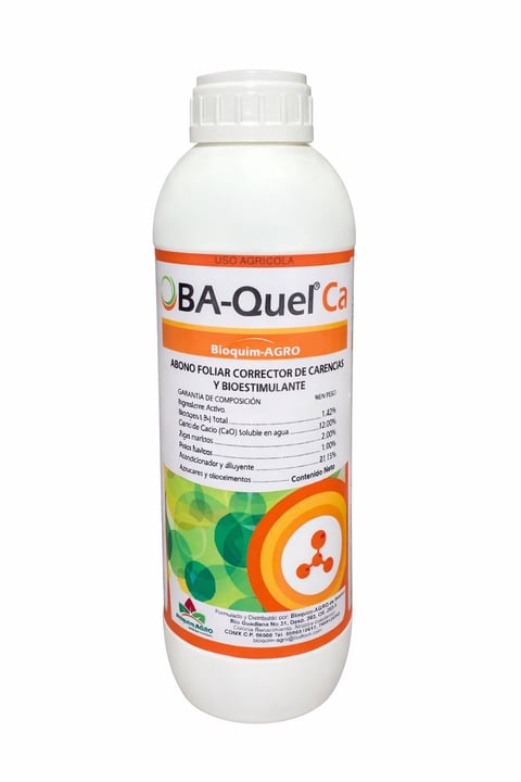 BA-Quel Ca agricultural fertilizer bottle with orange and white label and white cap, containing calcium and biostimulant for plant growth