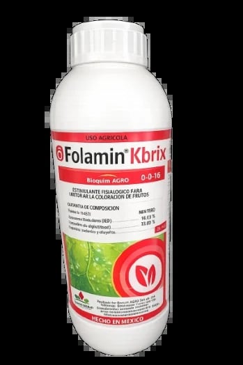 Folamin Kbrix agricultural liquid fertilizer bottle with white cap and red label, formulated for crop nutrition.