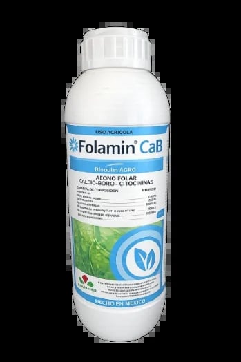 White plastic bottle of Folamin CaB agricultural fertilizer with blue label on black background