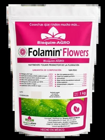 Bioquim-AGRO Folamin Flowers 1kg fertilizer package with pink branding and product information labels