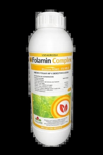 Folamin Complex agricultural liquid fertilizer bottle with white cap and yellow label on black background