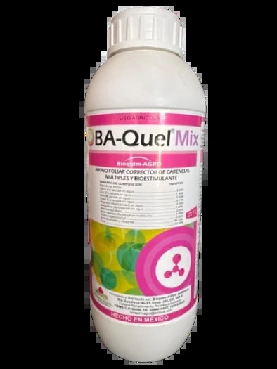 BA-Quel Mix agricultural spray bottle with pink label and white cap on black background