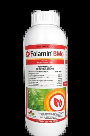 Folamin BMo agricultural liquid fertilizer bottle with white cap and red label featuring crop images and product information.