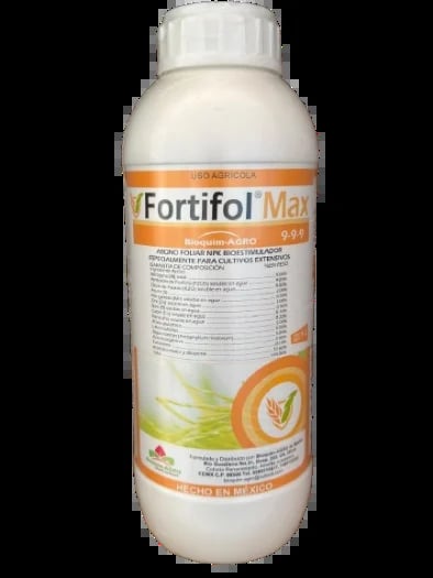 Bottle of Fortifol Max agricultural liquid fertilizer with white cap and orange label