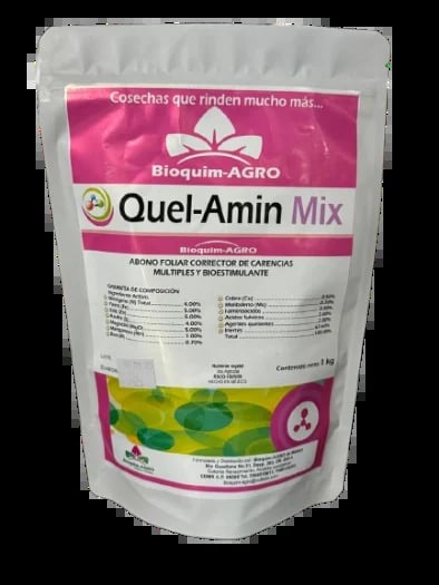 Bioquim-AGRO Quel-Amin Mix fertilizer package with magenta and white design, featuring product name and agronomic information