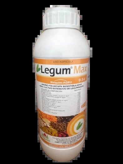 Bottle of Legum Max agricultural product with orange and white label featuring legume crops imagery
