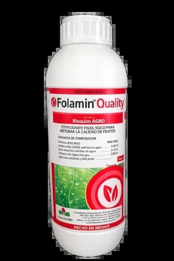 White bottle of Folamin Quality Biocuim AGRO agricultural product with red label and branding