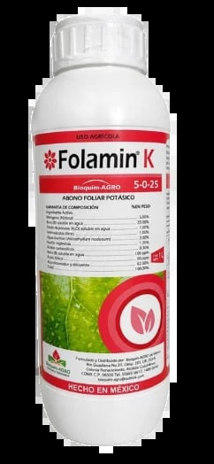 Folamin K fertilizer bottle with red label and white cap, containing 5-0-25 potassium formula for plants