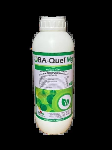 BA-Quel Mg agricultural product bottle with green label and white cap against black background
