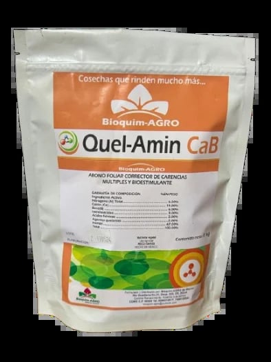 Package of Quel-Amin CaB agricultural fertilizer by Bioquim-AGRO with orange branding and leaf graphics