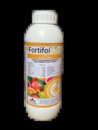 Bottle of Fortifol Citrus liquid supplement with white cap and label featuring citrus fruits on black background